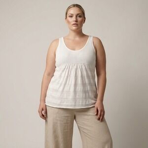 NWT Tommy Bahama Womens XL White Cotton Linen Crochet Yoke Striped Tank Top